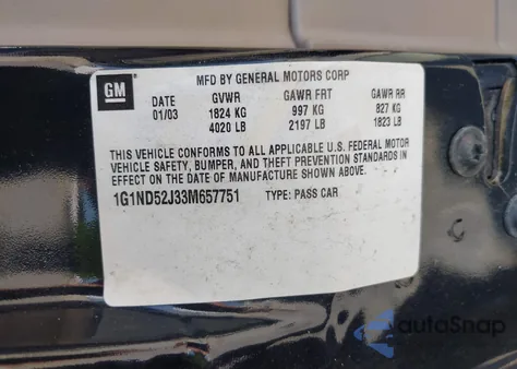 2003 Chevrolet Malibu z USA, uszkodzony, nr VIN 1G1ND52J33M657751